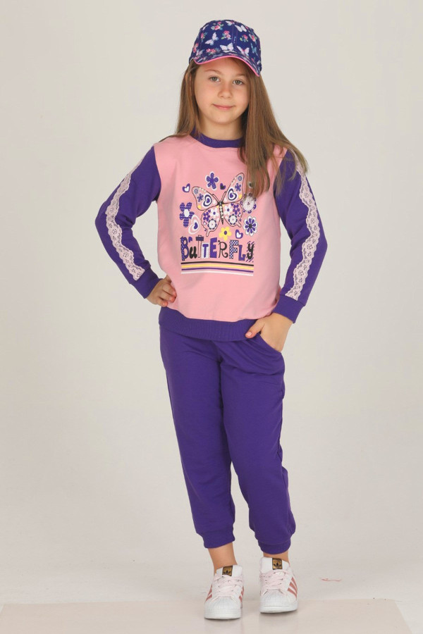 mor renkli pamuklu i̇ki i̇plik teknur 42218 kız çocuk eşofman - pijama takımı, tknr-42218, teknur pijama takımı, Teknur