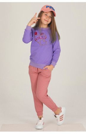 Lila Renkli Pamuklu İki İplik Teknur 42206 Kız Çocuk Eşofman - Pijama Takımı