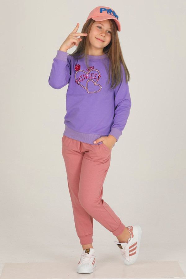 lila renkli pamuklu i̇ki i̇plik teknur 42206 kız çocuk eşofman - pijama takımı, tknr-42206, teknur pijama takımı