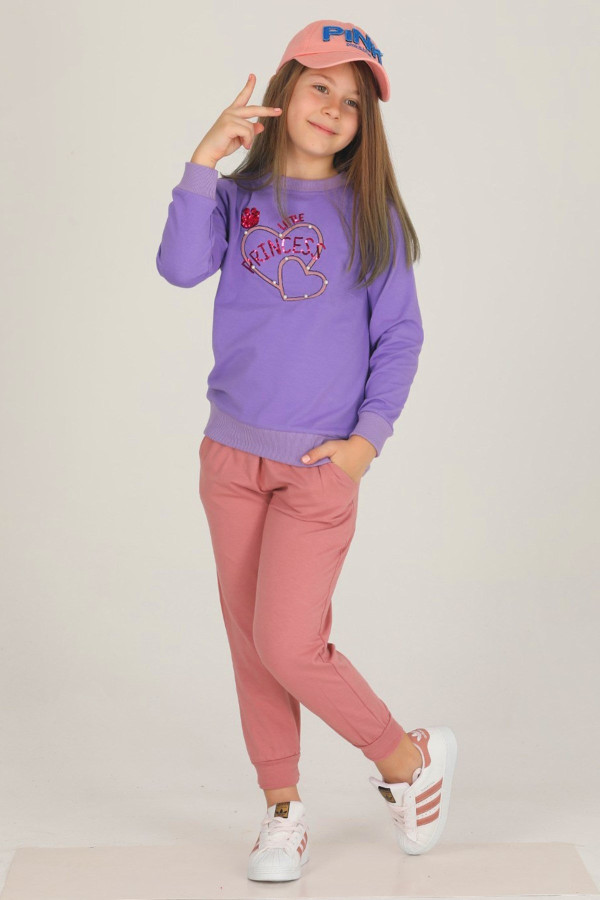 lila renkli pamuklu i̇ki i̇plik teknur 42206 kız çocuk eşofman - pijama takımı, tknr-42206, teknur pijama takımı, Teknur
