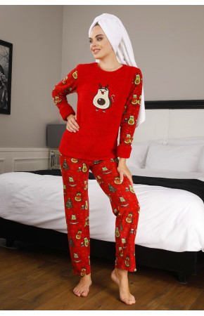 Kadın Kırmızı Renk Göz Bantlı Kışlık Polar Pijama Takımı - TKNR 50440 Welsoft Polar Pijama Takımı