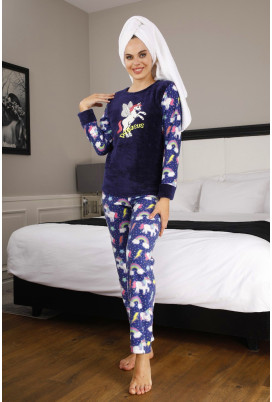 Kadın Lacivert Renk Göz Bantlı Kışlık Polar Pijama Takımı - TKNR 50431 Welsoft Polar Pijama Takımı