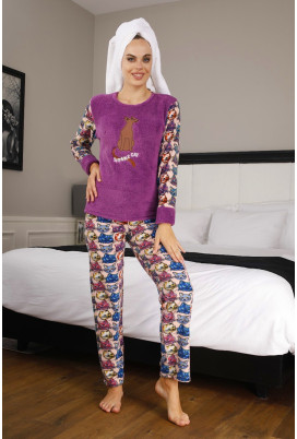 Kadın Mor Renk Göz Bantlı Kışlık Polar Pijama Takımı - TKNR 50450 Welsoft Polar Pijama Takımı