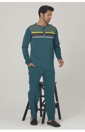 Yeşil Renk, Modal Kumaş, Uzun Kol, Quilling Seti Teknur 80176 Erkek Pijama Takım