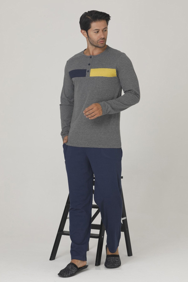 Gri - Lacivert Renk, Modal Kumaş, Uzun Kol, Quilling Seti Teknur 80170 Erkek Pijama Takım