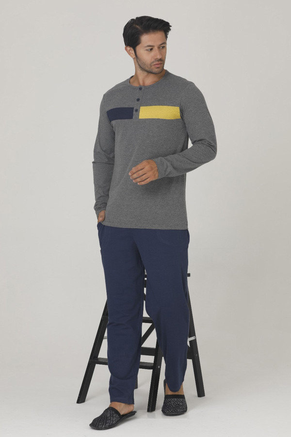 gri - lacivert renk, modal kumaş, uzun kol, quilling seti teknur 80170 erkek pijama takım, tknr 80170, erkek pijama takımı, Teknur