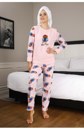 Kadın Pembe Renk Göz Bantlı Kışlık Polar Pijama Takımı - TKNR 50441 Welsoft Polar Pijama Takımı