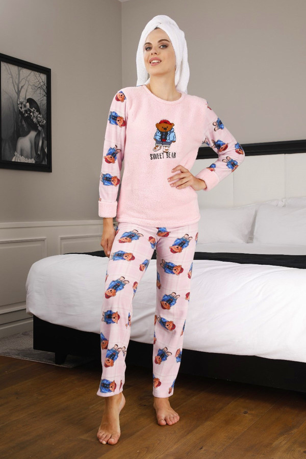kadın pembe renk göz bantlı kışlık polar pijama takımı - tknr 50441 welsoft polar pijama takımı, tknr 50441, bayan pijama takımı