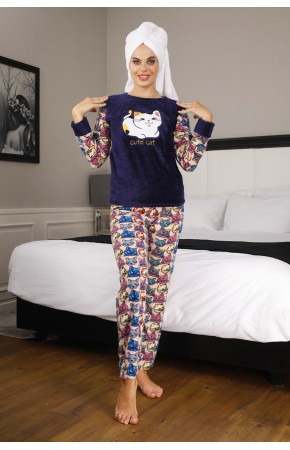 Kadın Lacivert Renk Göz Bantlı Kışlık Polar Pijama Takımı - TKNR 50424 Welsoft Polar Pijama Takımı