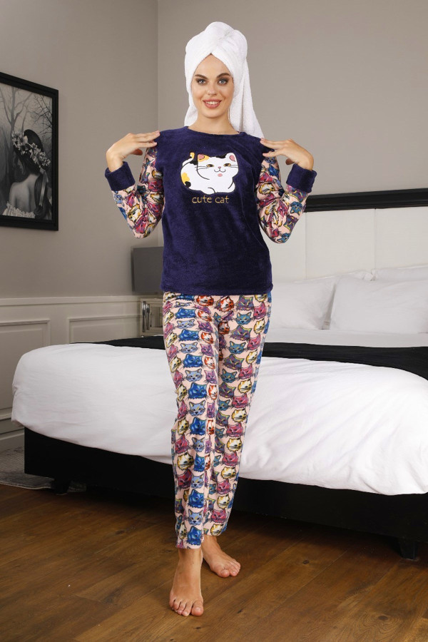 kadın lacivert renk göz bantlı kışlık polar pijama takımı - tknr 50424 welsoft polar pijama takımı, tknr 50424, bayan pijama takımı