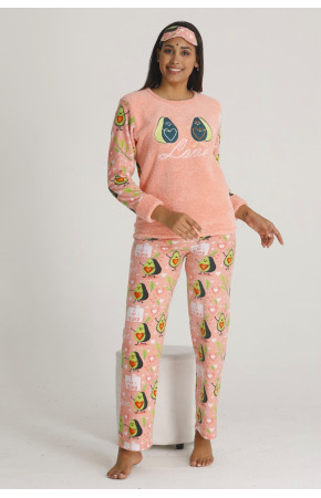 Kadın Somon Renk Göz Bantlı Kışlık Polar Pijama Takımı - TKNR 50408 Welsoft Polar Pijama Takımı