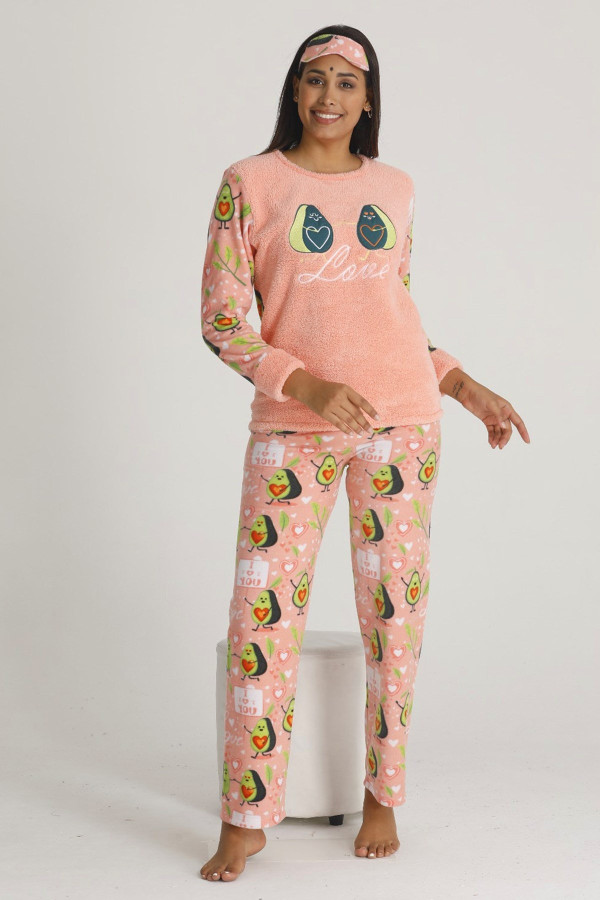 kadın somon renk göz bantlı kışlık polar pijama takımı - tknr 50408 welsoft polar pijama takımı, tknr 50408, bayan pijama takımı