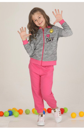 Gri - Pembe Renkli Pamuklu İki İplik Quilling Seti Teknur 42514 Kız Çocuk Pijama - Eşofman Takımı