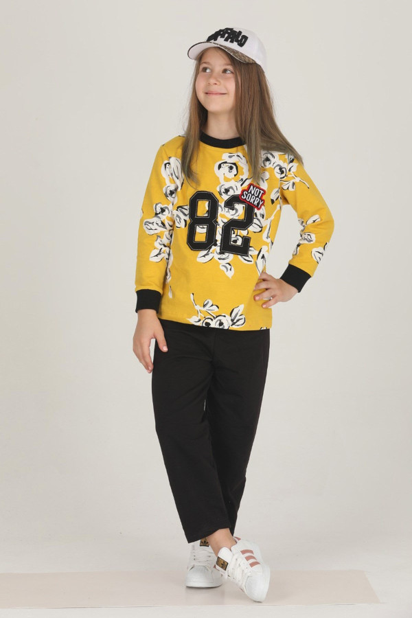 sarı - siyah renkli pamuklu i̇ki i̇plik quilling seti teknur 42001 kız çocuk pijama takımı, tknr 42001, teknur pijama takımı, Teknur