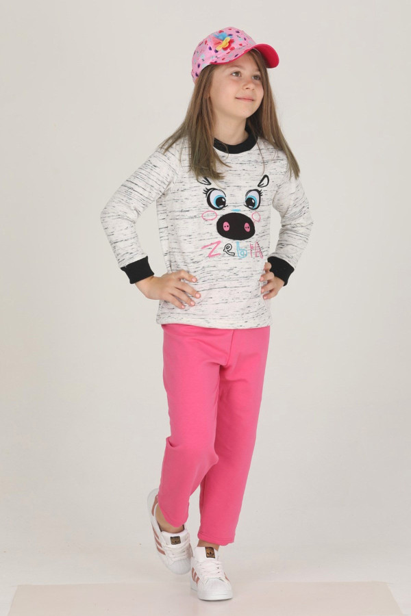 gri - pembe renkli pamuklu i̇ki i̇plik quilling seti teknur 42002 kız çocuk pijama takımı, tknr 42002, teknur pijama takımı, Teknur