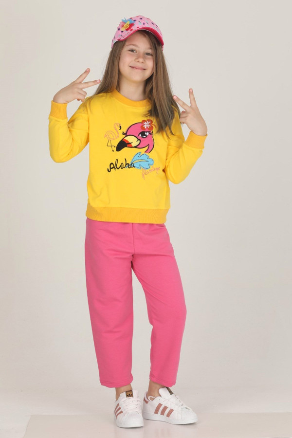 sarı - pembe renkli pamuklu i̇ki i̇plik quilling seti teknur 42004 kız çocuk pijama takımı, tknr 42004, teknur pijama takımı, Teknur