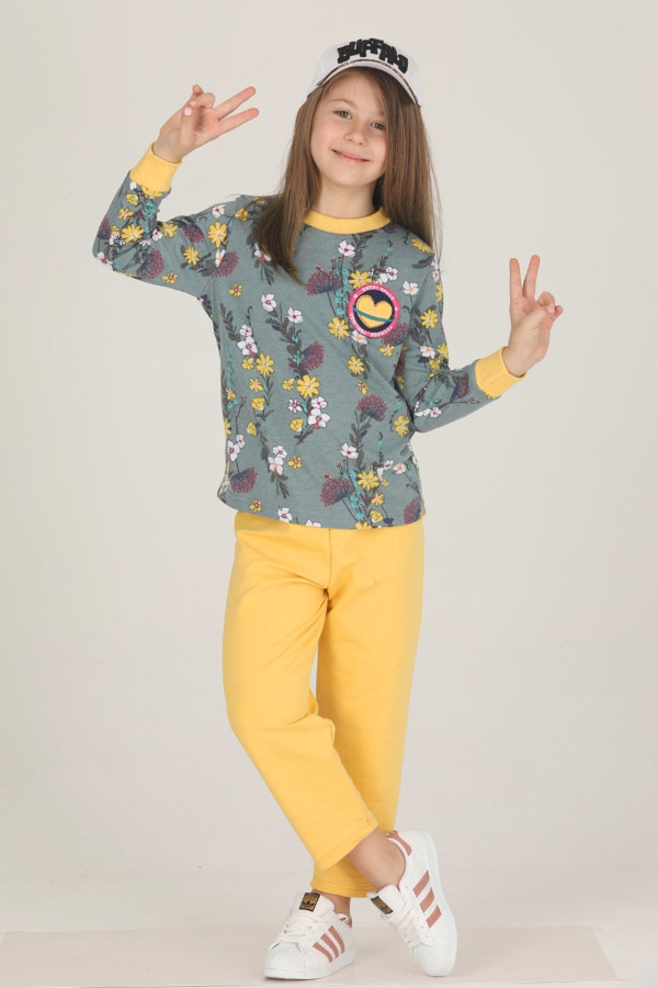 yeşil - sarı renkli pamuklu i̇ki i̇plik quilling seti teknur 42006 kız çocuk pijama takımı, tknr 42006, teknur pijama takımı, Teknur