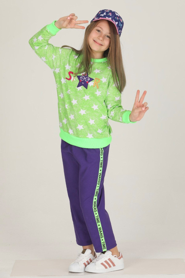 yeşil - mor renkli pamuklu i̇ki i̇plik quilling seti teknur 42012 kız çocuk pijama takımı, tknr 42012, teknur pijama takımı, Teknur