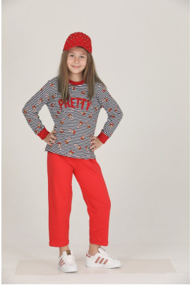 Kırmızı - Siyah Renkli Pamuklu İki İplik Quilling Seti Teknur 42011 Kız Çocuk Pijama Takımı