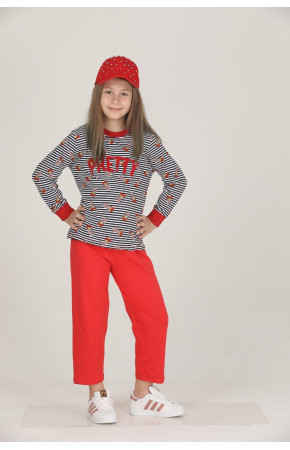 Kırmızı - Siyah Renkli Pamuklu İki İplik Quilling Seti Teknur 42011 Kız Çocuk Pijama Takımı