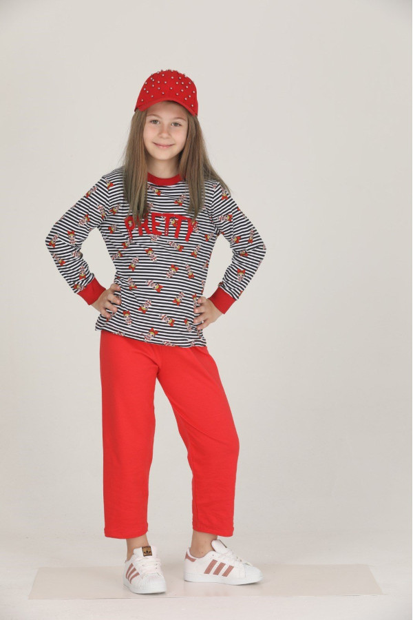 kırmızı - siyah renkli pamuklu i̇ki i̇plik quilling seti teknur 42011 kız çocuk pijama takımı, tknr 42011, teknur pijama takımı, Teknur
