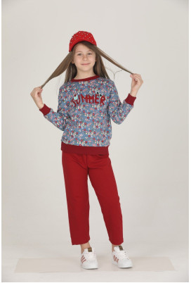 Bordo - Gri Renkli Pamuklu İki İplik Quilling Seti Teknur 42013 Kız Çocuk Pijama Takımı