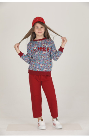 Bordo - Gri Renkli Pamuklu İki İplik Quilling Seti Teknur 42013 Kız Çocuk Pijama Takımı