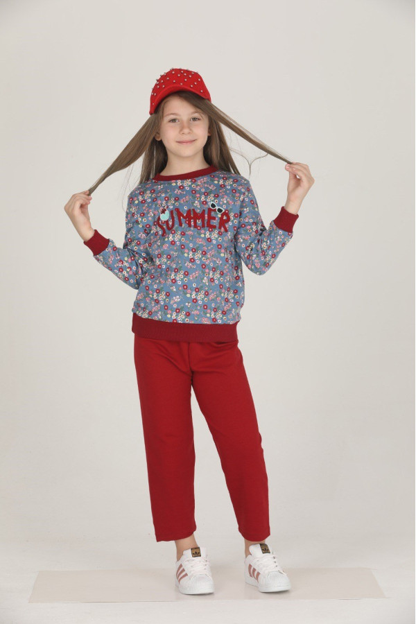 bordo - gri renkli pamuklu i̇ki i̇plik quilling seti teknur 42013 kız çocuk pijama takımı, tknr 42013, teknur pijama takımı, Teknur