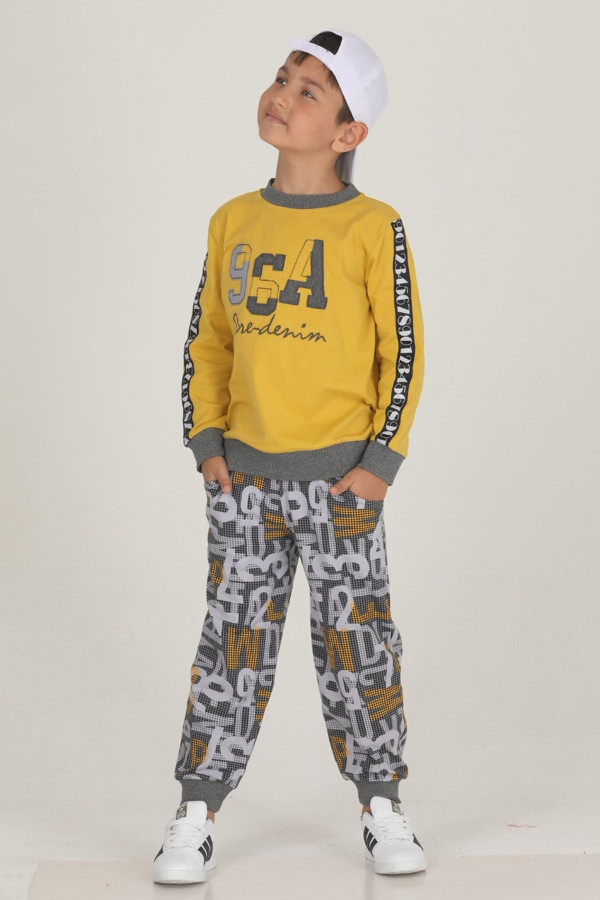 sarı renkli pamuklu i̇ki i̇plik quilling seti teknur 47318 erkek çocuk pijama takımı, tknr 47318, teknur pijama takımı, Teknur
