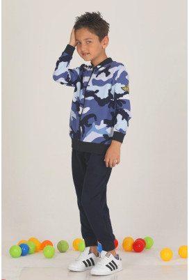 Lacivert Renkli Pamuklu İki İplik Quilling Seti Teknur 47704 Fermuarlı Erkek Çocuk Pijama Takımı