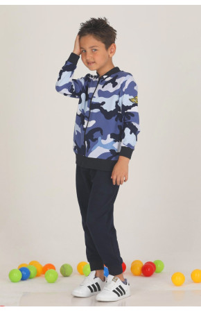 Lacivert Renkli Pamuklu İki İplik Quilling Seti Teknur 47704 Fermuarlı Erkek Çocuk Pijama Takımı