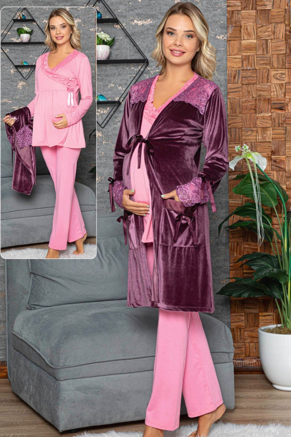 jenika 42450 pembe - mürdüm renk kadın kadife sabahlıklı 3lü lohusa - hamile pijama takımı, jnk42450, lohusa pijama takımları, Jenika