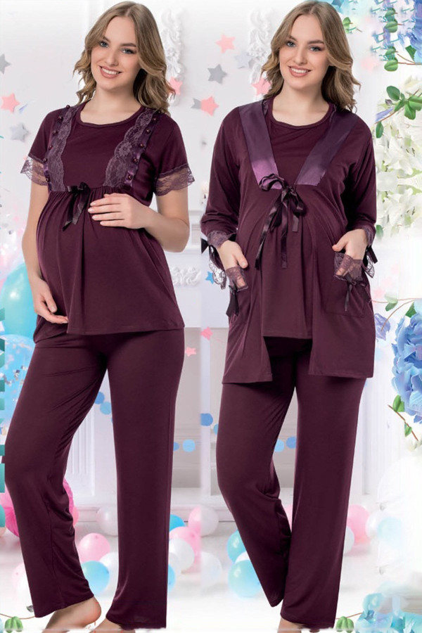 mürdüm renk sabahlıklı lohusa pijama takımı jenika 35725 3lü sabahlıklı hamile pijaması, jenika 35725, lohusa pijama takımları, Jenika