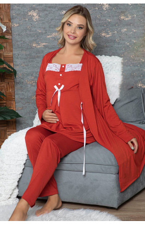 Kadın Kırmızı Lohusa Pijama Takımı - 42348  3 lü Kadın Hamile Pijaması