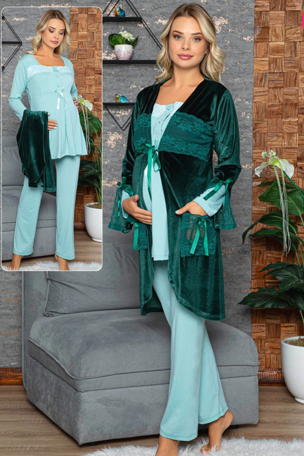 jenika 42433 kadın kadife sabahlıklı 3lü lohusa - hamile pijama takımı, jenika-42433, lohusa pijama takımları, Jenika