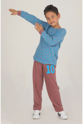 Mavi - Kahverengi Polar Quilling Seti Teknur 46004 Erkek Çocuk Pijama Takımı