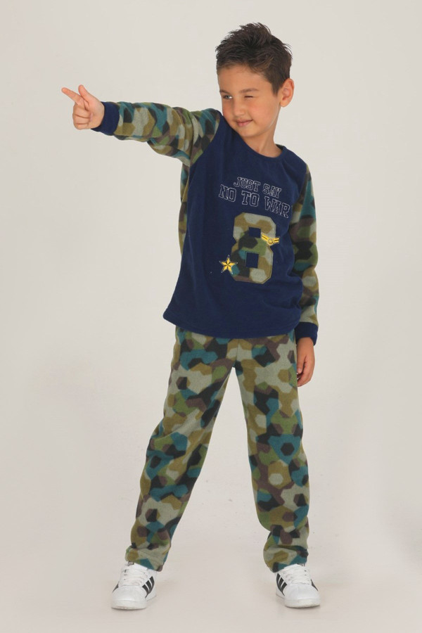 yeşil - lacivert polar kamuflaj desenli quilling seti teknur 46005 erkek çocuk pijama takımı, teknur-46005, teknur pijama takımı, Teknur