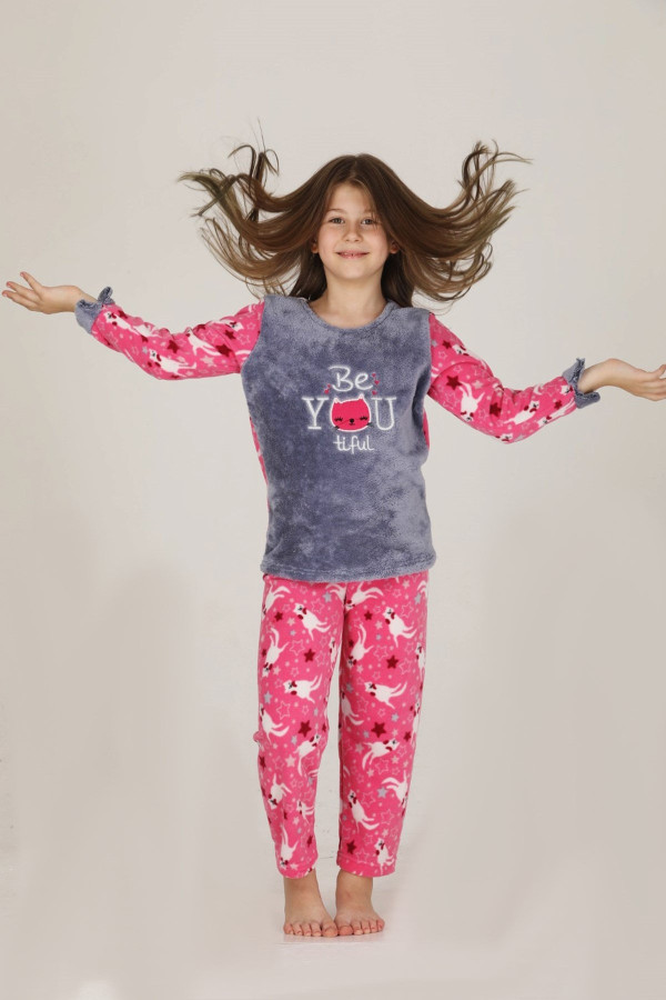 pembe renk polar kumaş hayvan desenli quilling seti teknur 41030  kız çocuk pijama takımı, teknur-41030, teknur pijama takımı, Teknur