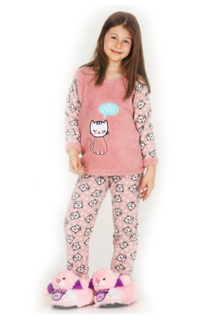 Pudra Renk Polar Kumaş Kedi Desenli Quilling Seti Teknur 41004  Kız Çocuk Pijama Takımı