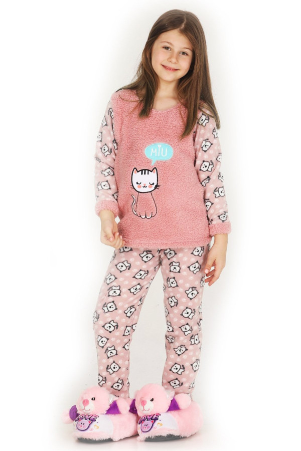 pudra renk polar kumaş kedi desenli quilling seti teknur 41004  kız çocuk pijama takımı, teknur-41004, teknur pijama takımı, Teknur