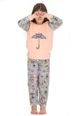 Gri Renk Polar Kumaş Kedi Desenli Quilling Seti Teknur41014  Kız Çocuk Pijama Takımı