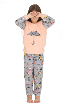 Gri Renk Polar Kumaş Kedi Desenli Quilling Seti Teknur41014  Kız Çocuk Pijama Takımı