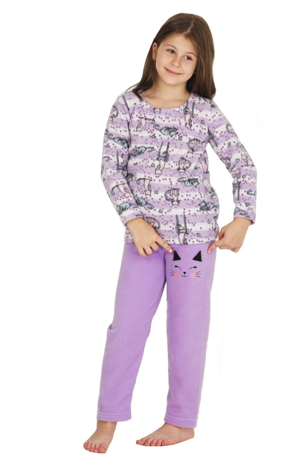 Lila Renk Polar Kumaş Kedi Desenli Quilling Seti Teknur 41015  Kız Çocuk Pijama Takımı