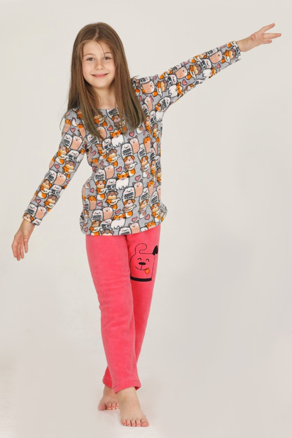 pembe renk polar kumaş köpek desenli quilling seti 41021  kız çocuk pijama takımı, teknur-41021, teknur pijama takımı, Teknur