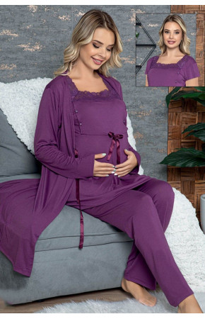 Mor Renkli Kadın Lohusa Pijama Takımı - Jenika 47782  3 lü Kadın Hamile Pijaması