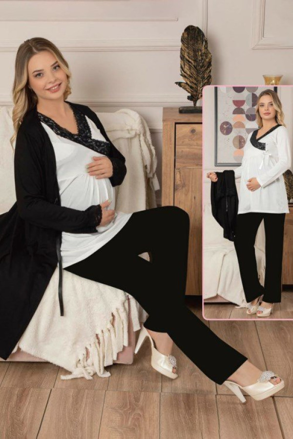 jenika 38928 siyah - beyaz renk 3lü sabahlıklı lohusa pijama takımı, quilling-seti-38928, jenika pijama takımı, Jenika