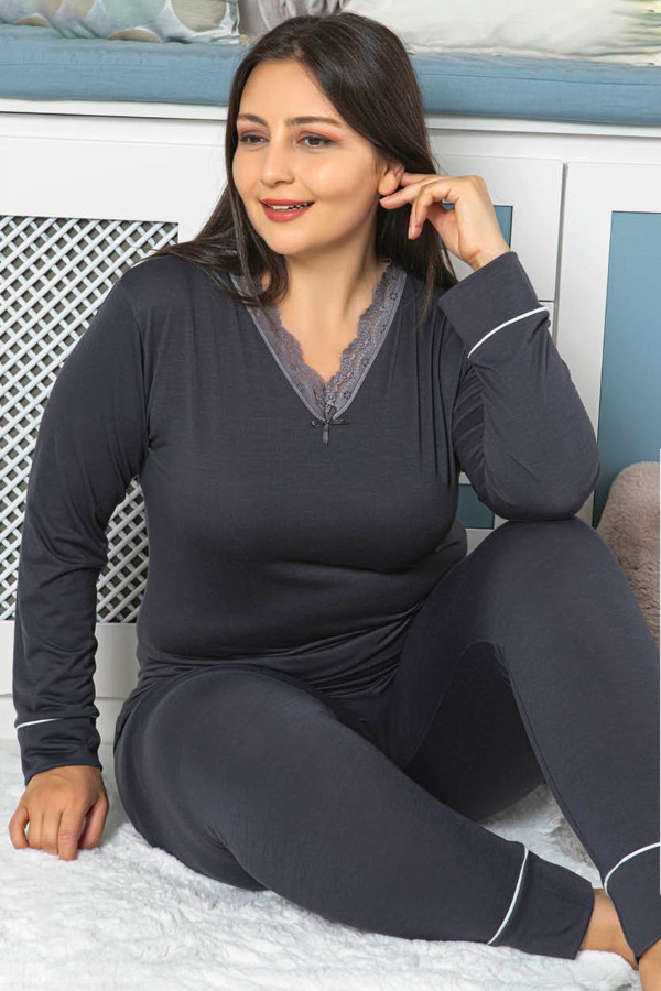 füme renk büyük beden pijama takımı - jenika 42039 uzun kol battal  pijama takımı, jeni̇ka42039, büyük beden (battal boy) pijama takımları, Jenika