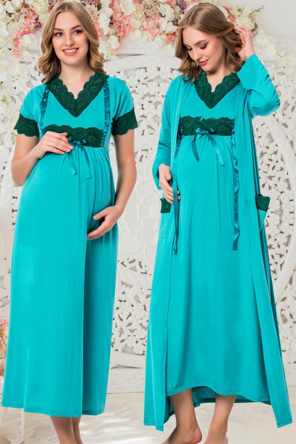 yeşil renkli lohusa gecelik takım, jenika 36385 - 2 li sabahlıklı lohusa gecelik, jenika36385, jenika pijama takımı, Jenika