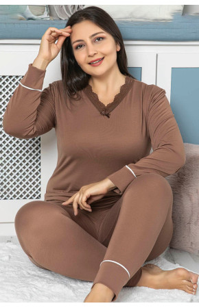 Kahverengi Renk Büyük Beden Pijama Takımı - Jenika 42041 Uzun Kol Battal  Pijama Takımı