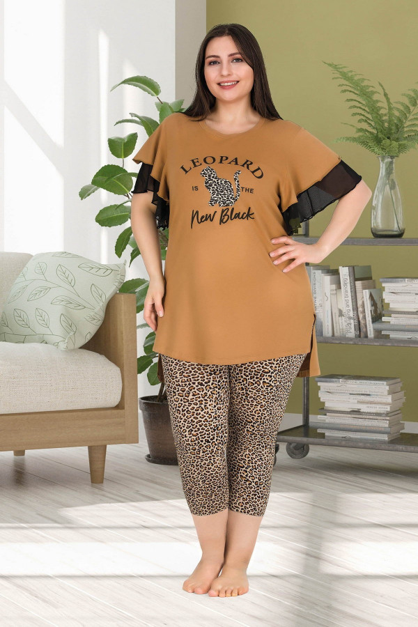 lady 10528 büyük beden siyah renk ve  desenli kapri pijama takımı, lady10529, lady pijama takımı, Lady